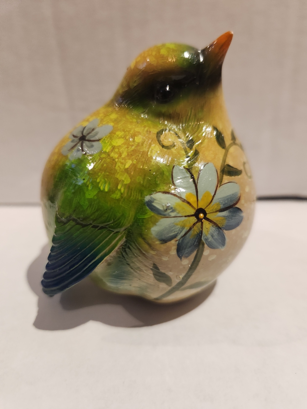 Hand-Painted Yellow and Green Floral Bird Figurine - Decorative Accent
